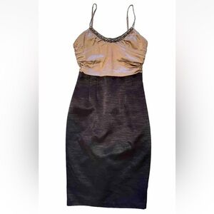 Maria Bianca Nero S Dress Silk Tan Black Beaded Bodice Pencil Skirt USA Made